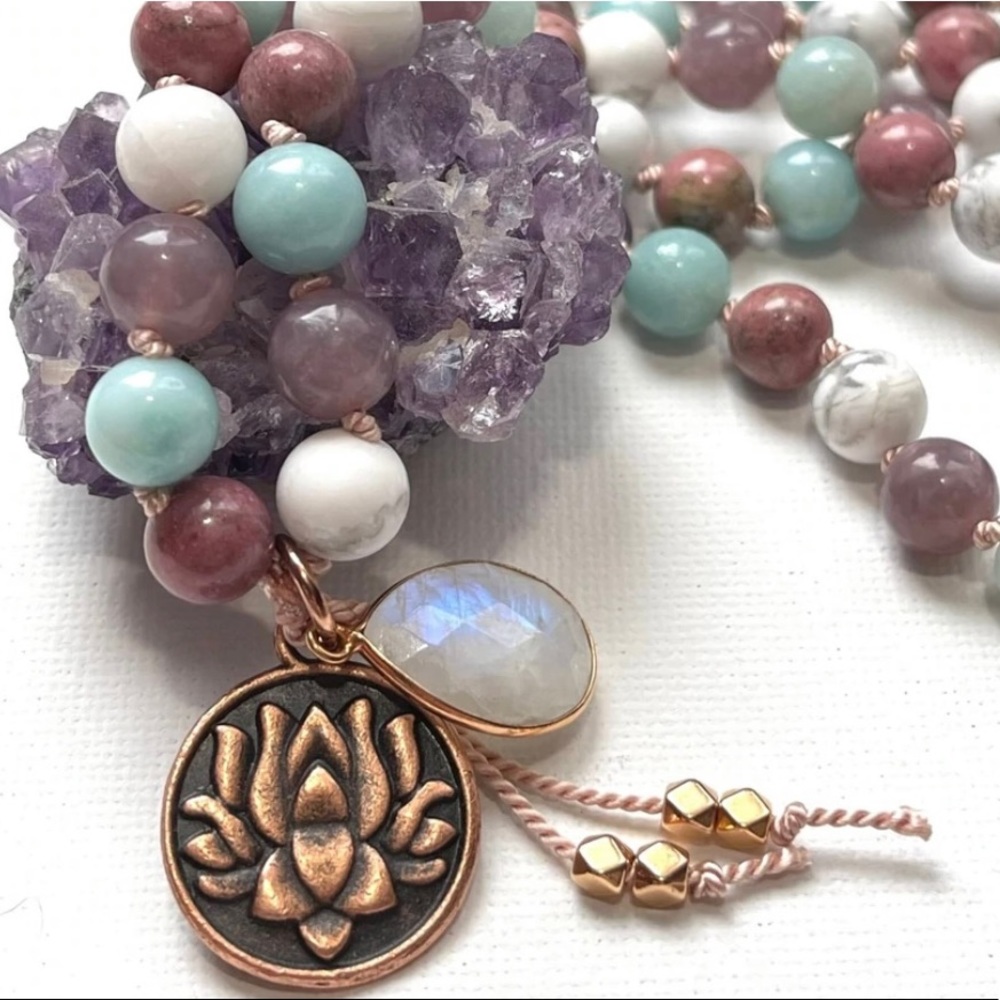 Gemstone Meditation Necklace Mala Beads With Lotus Pendant